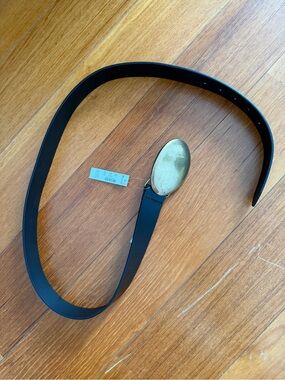 Madewell Black Leather Belt with Gold Oval Buckle